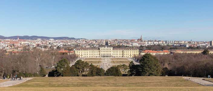 The long yellow garden front of Schoenbrunn palace seen from the hill above it, clipped hedges and a parterre running down towards the building, and behind it the whole of Vienna spread flat to a line of low wooded hills under a pale winter sky; a few walkers stand on the grass in the foreground.