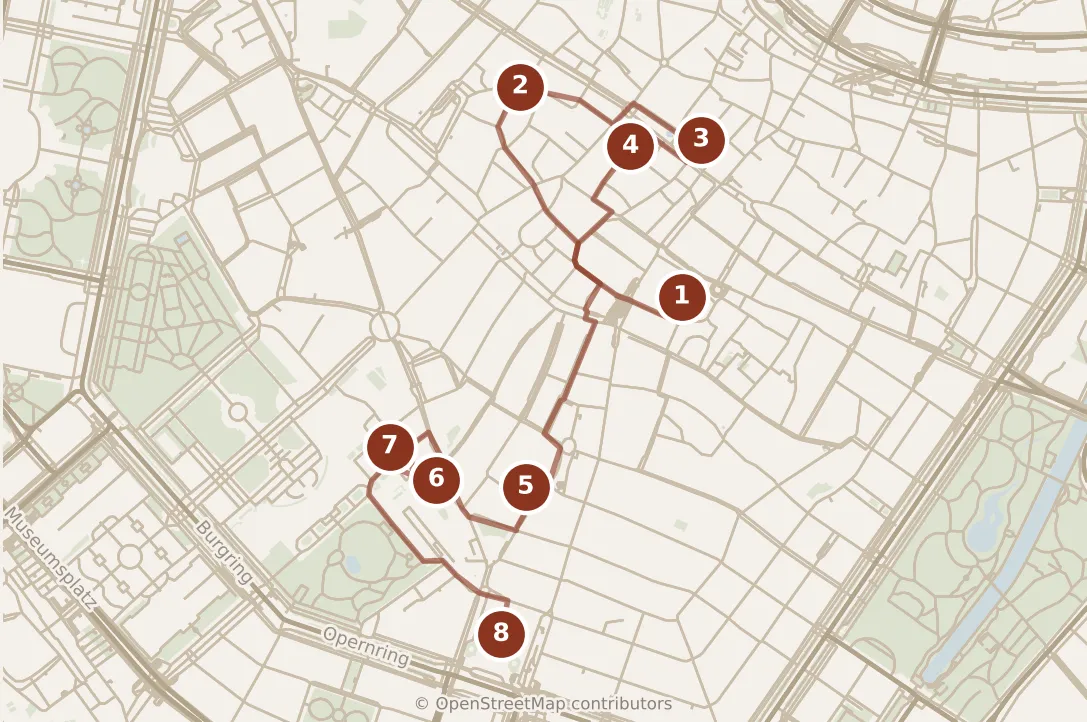 Map of Vienna, day one: stops 1–8, numbered in walking order.