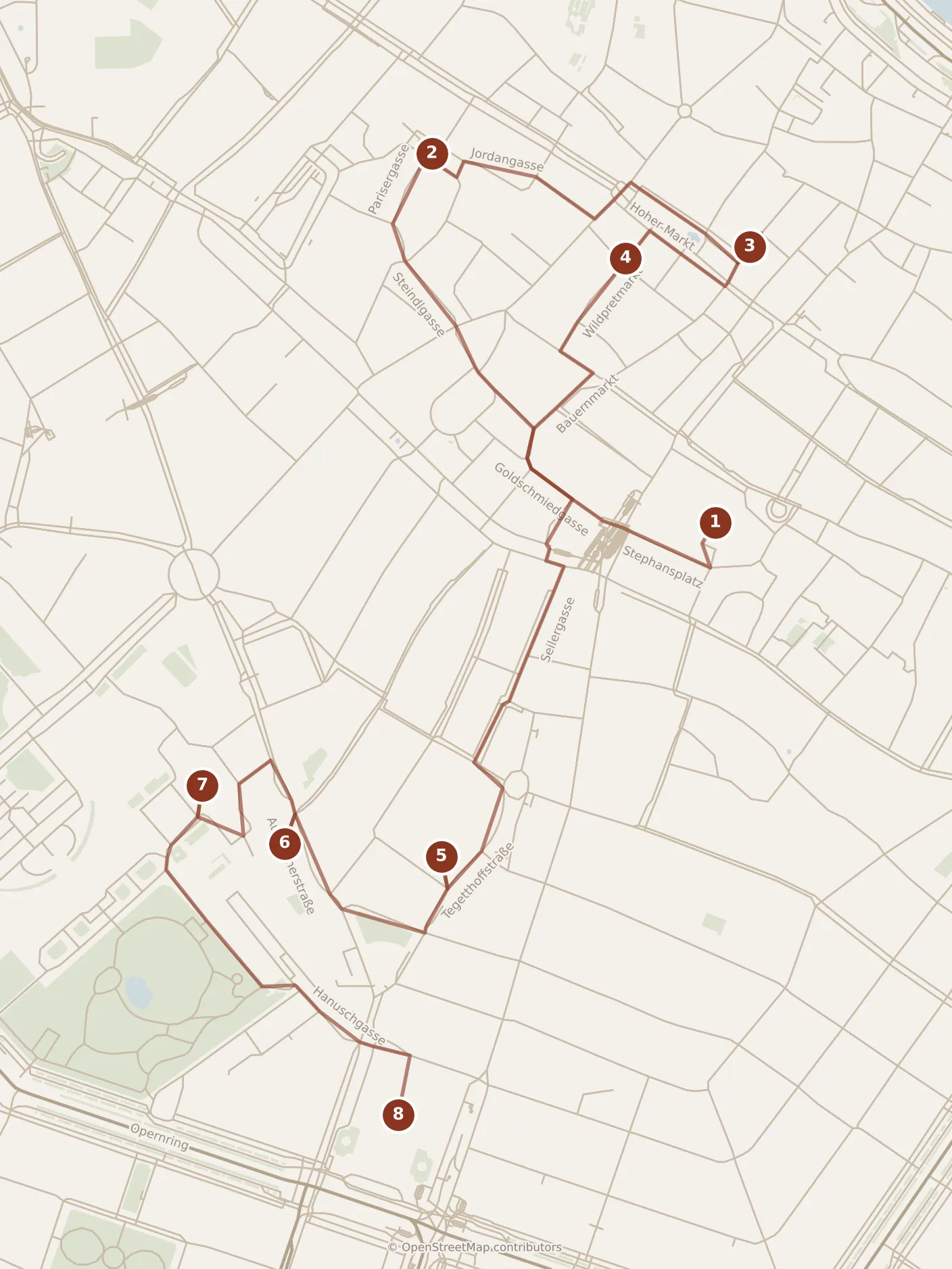 Map of Vienna, day one: stops 1–8, numbered in walking order.
