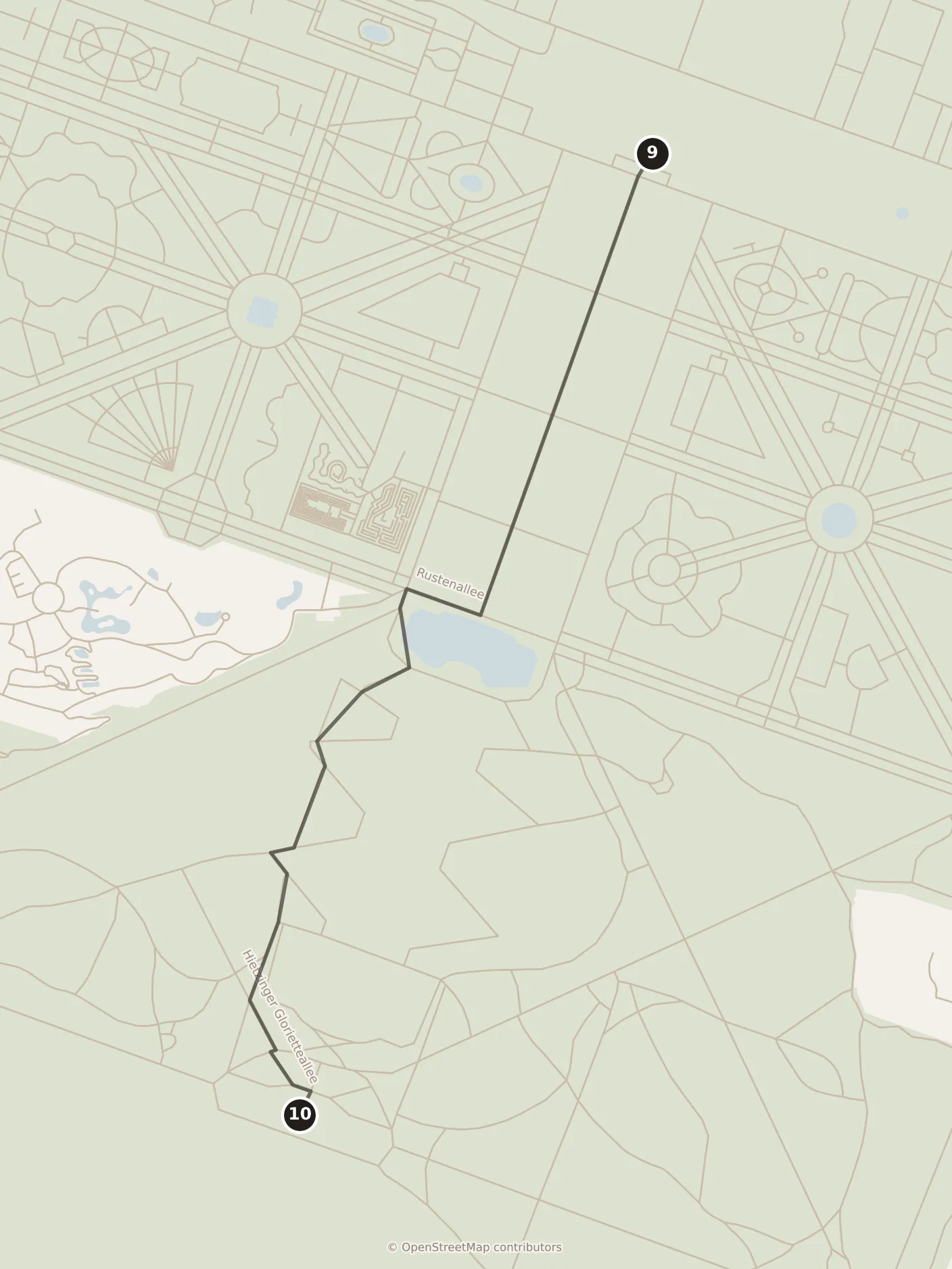 Map of Vienna, morning: stops 9–10, numbered in walking order.