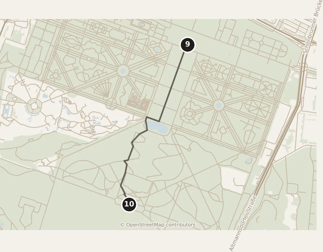 Map of Vienna, morning: stops 9–10, numbered in walking order.