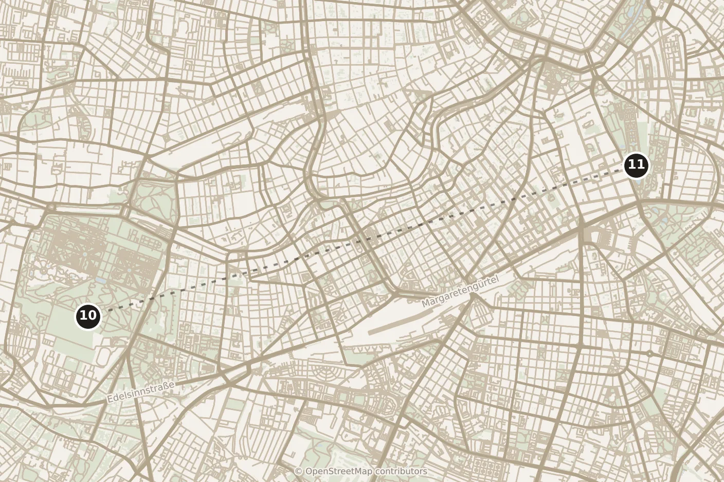 Map of Vienna, afternoon: stop 11, numbered in walking order.