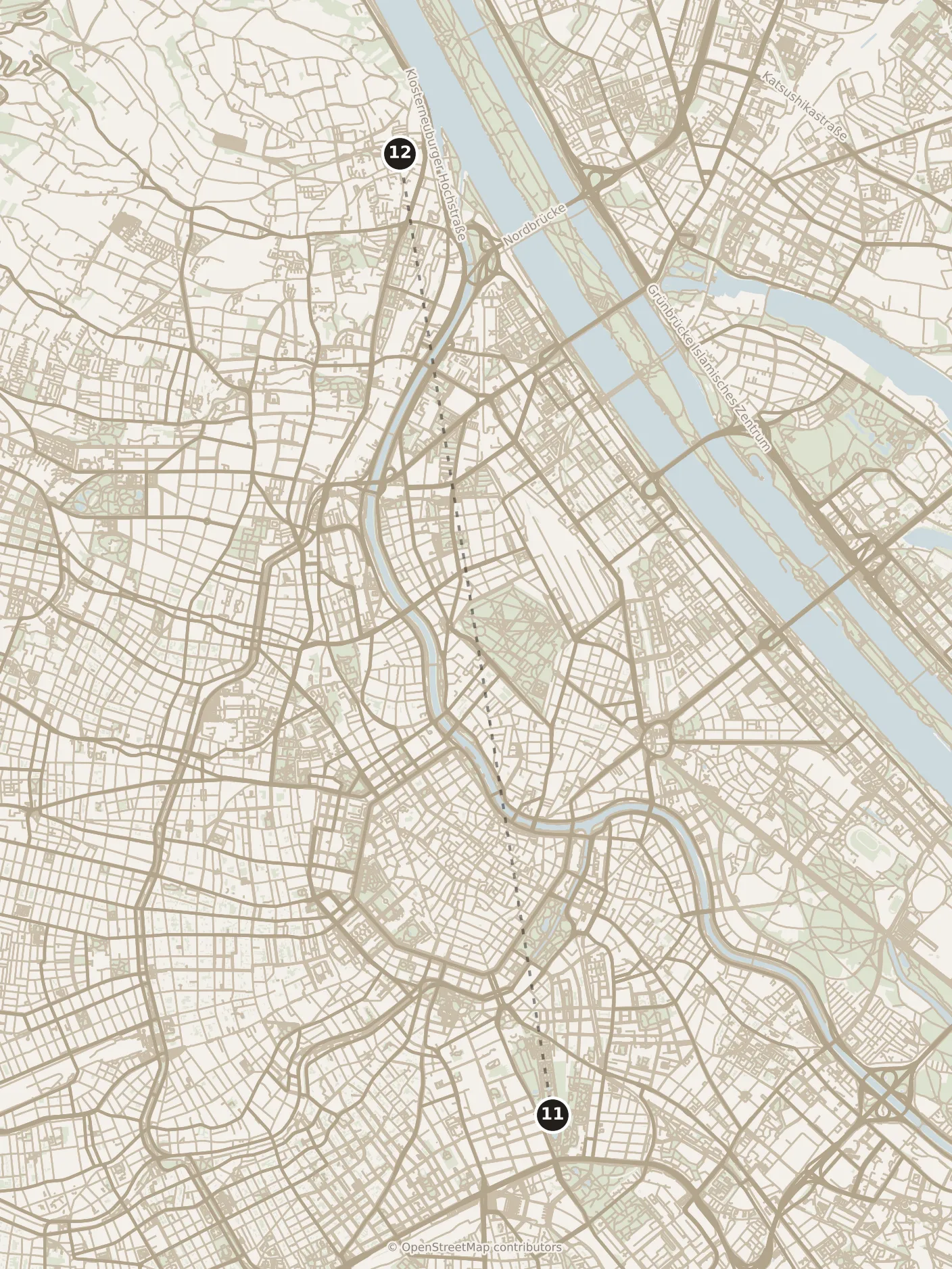 Map of Vienna, evening: stop 12, numbered in walking order.