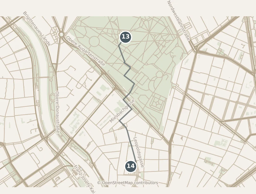 Map of Vienna, with a third day · stops 13–14: stops 13–14, numbered in walking order.