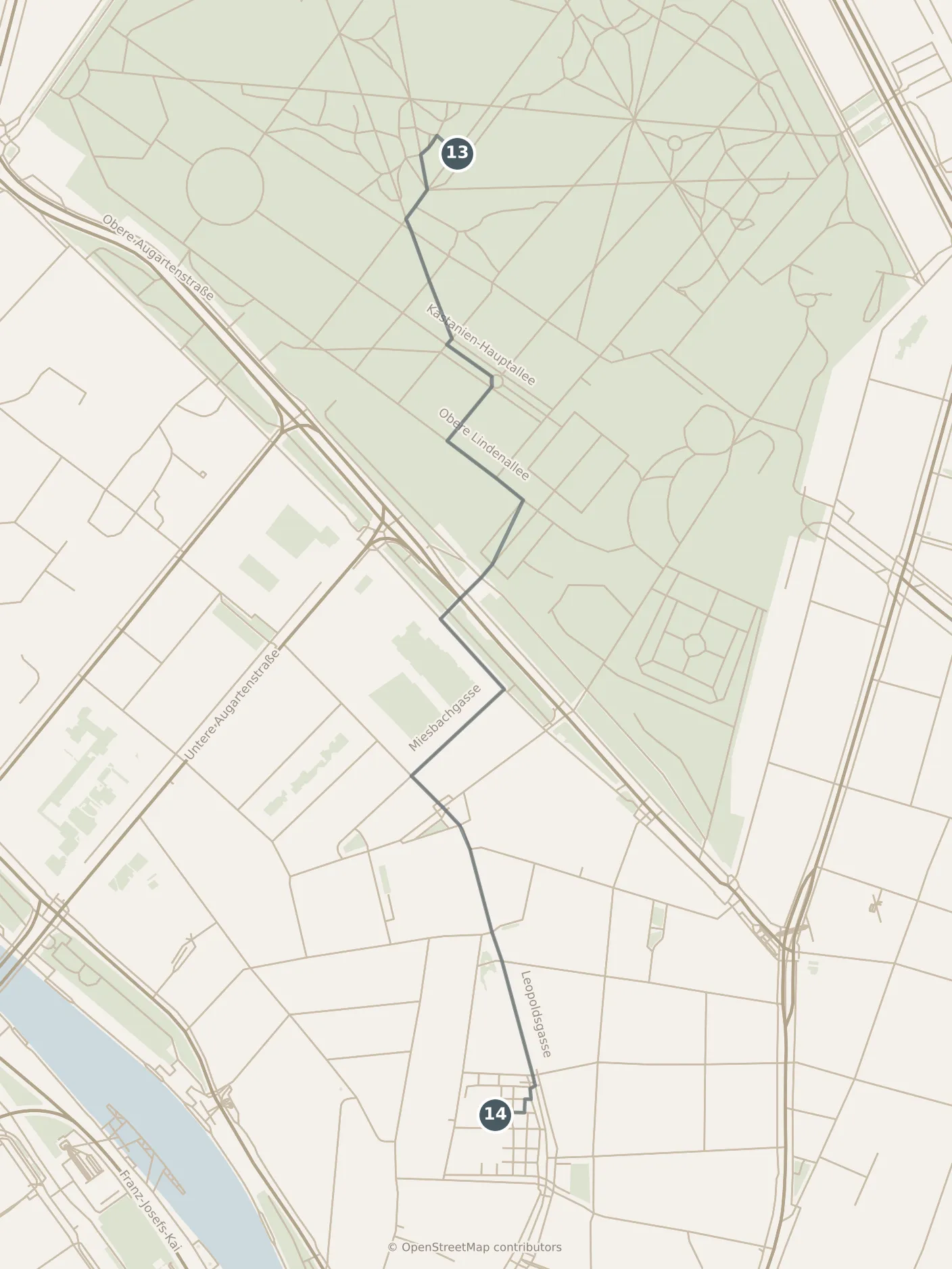 Map of Vienna, with a third day · stops 13–14: stops 13–14, numbered in walking order.