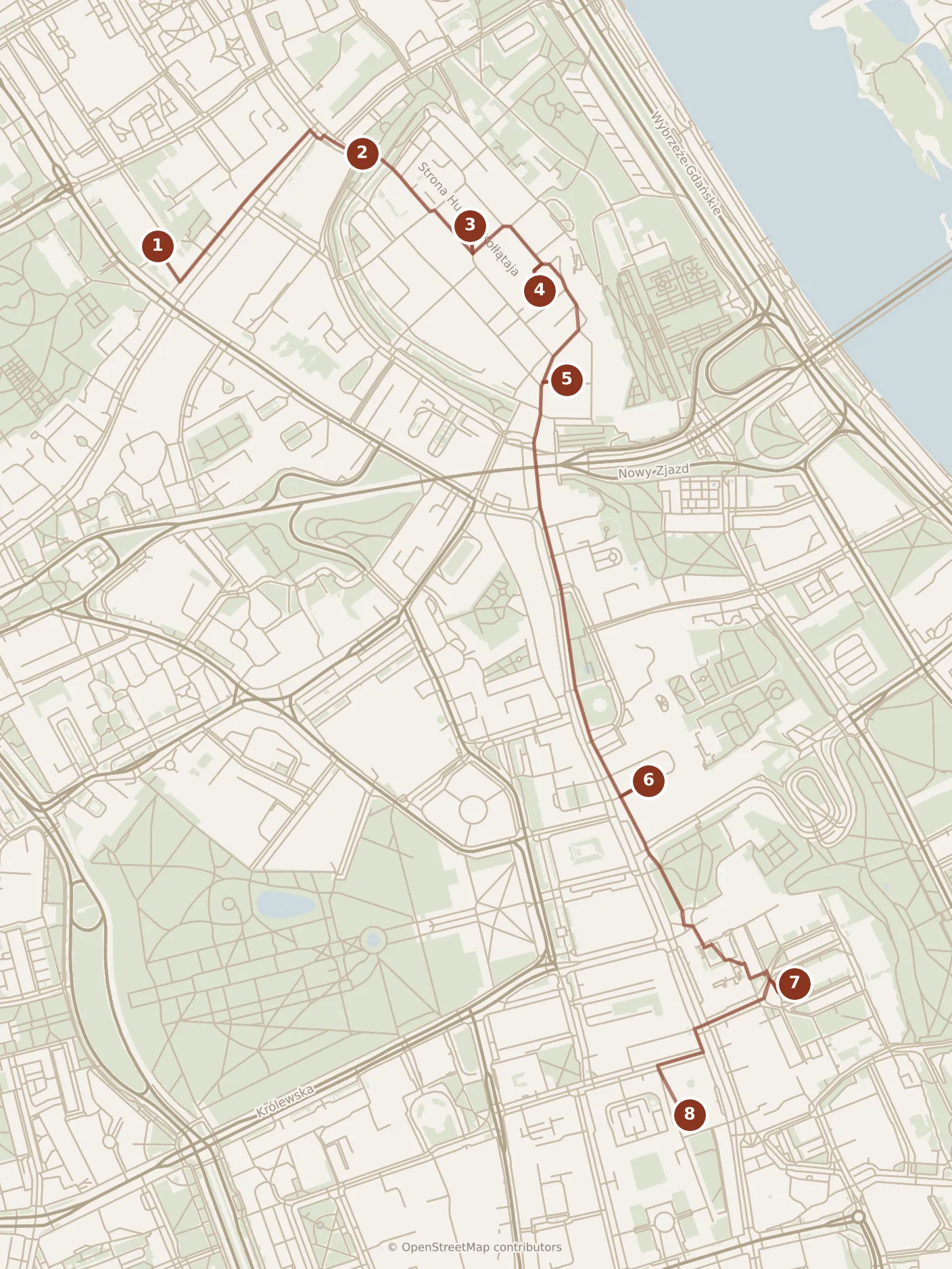 Map of Warsaw, morning and afternoon: stops 1–8, numbered in walking order.