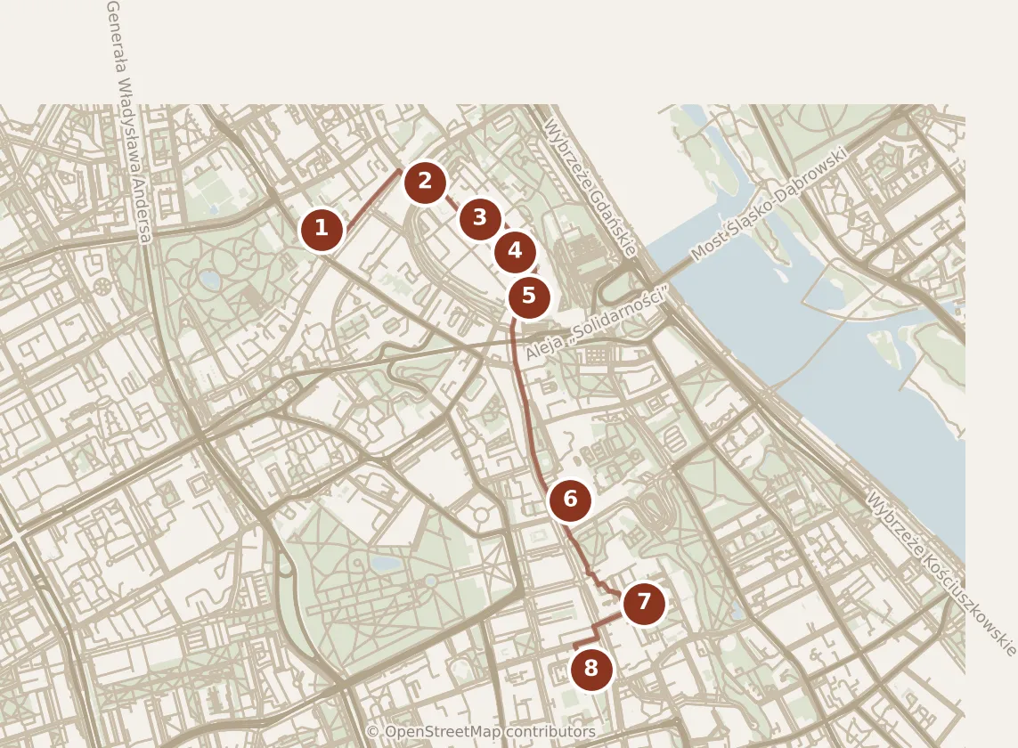 Map of Warsaw, morning and afternoon: stops 1–8, numbered in walking order.