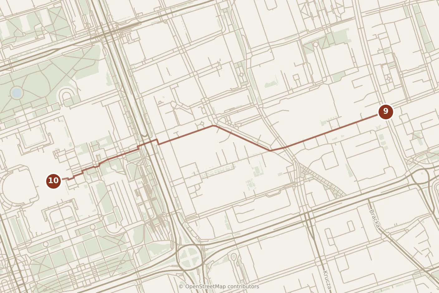 Map of Warsaw, evening: stops 9–10, numbered in walking order.