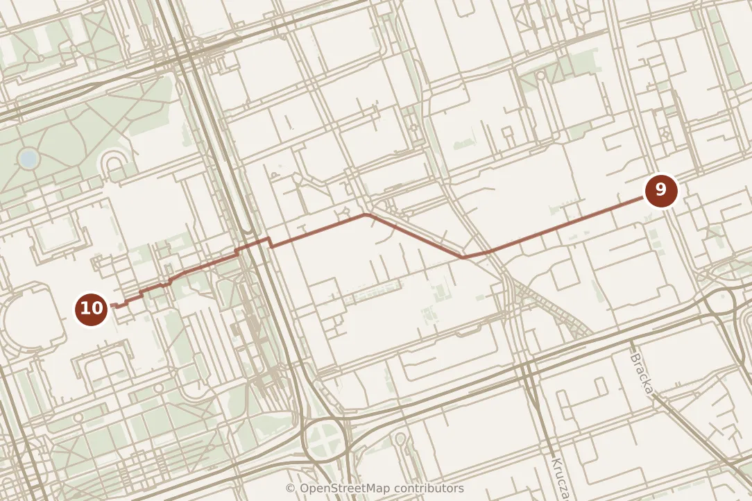 Map of Warsaw, evening: stops 9–10, numbered in walking order.