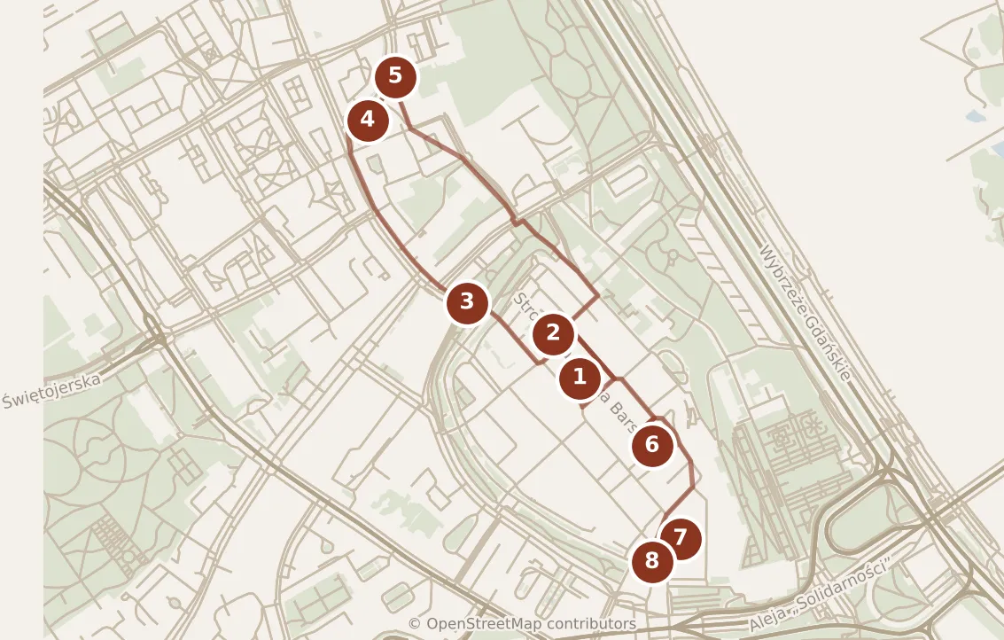 Map of Warsaw, morning and afternoon: stops 1–8, numbered in walking order.