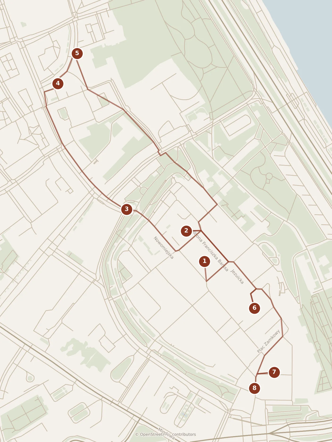 Map of Warsaw, morning and afternoon: stops 1–8, numbered in walking order.