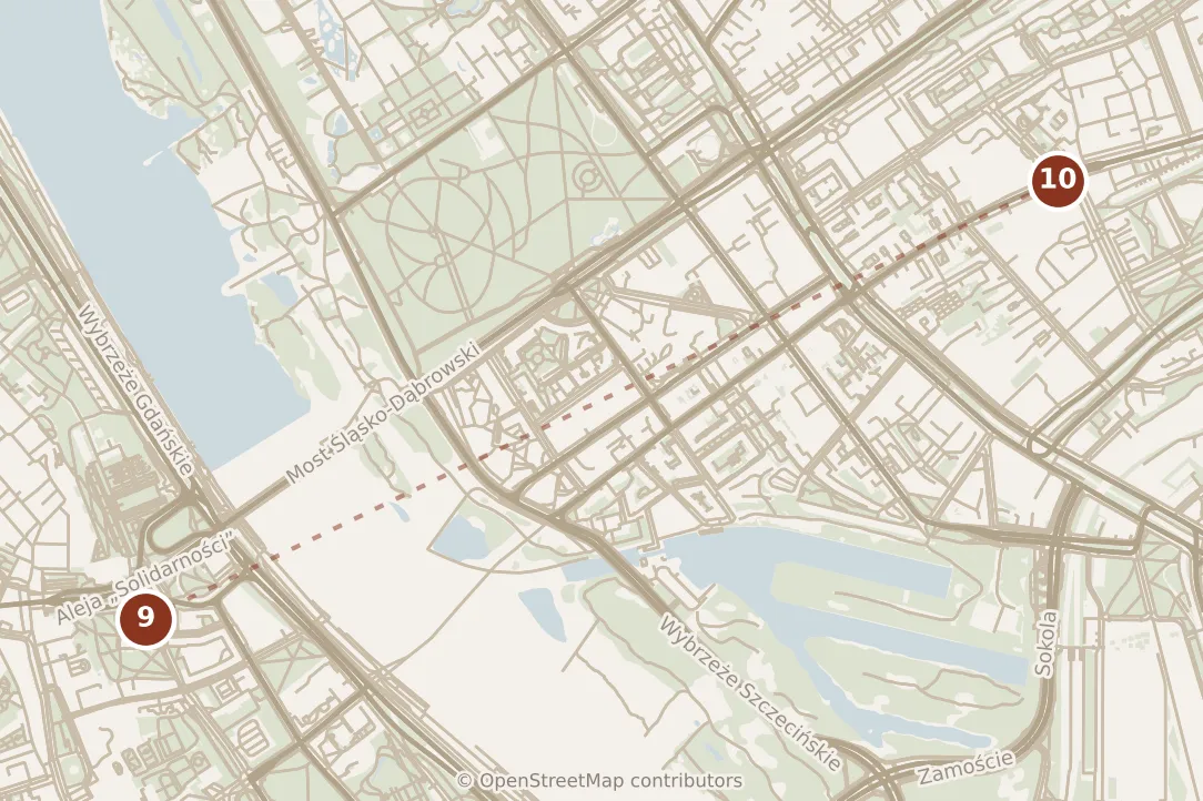 Map of Warsaw, evening: stops 9–10, numbered in walking order.