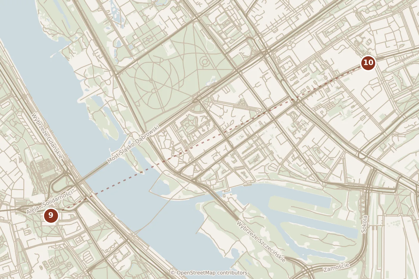 Map of Warsaw, evening: stops 9–10, numbered in walking order.
