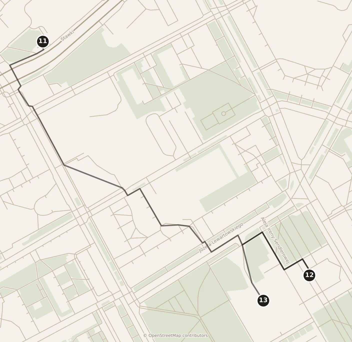Map of Warsaw, morning: stops 11–13, numbered in walking order.