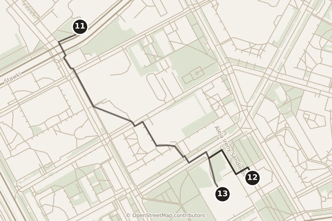 Map of Warsaw, morning: stops 11–13, numbered in walking order.
