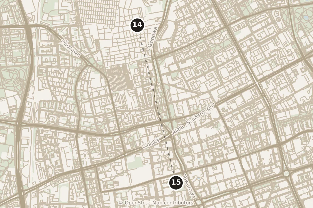 Map of Warsaw, afternoon: stops 14–15, numbered in walking order.