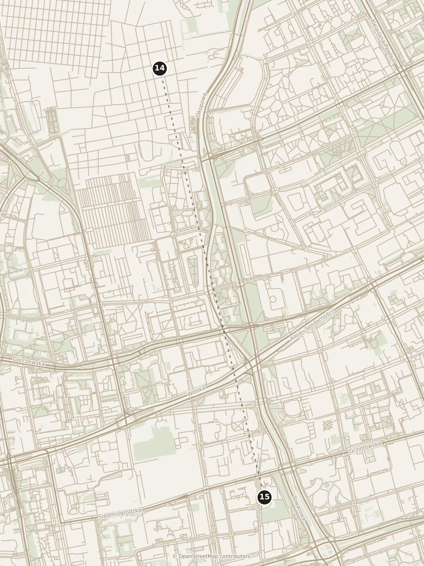 Map of Warsaw, afternoon: stops 14–15, numbered in walking order.
