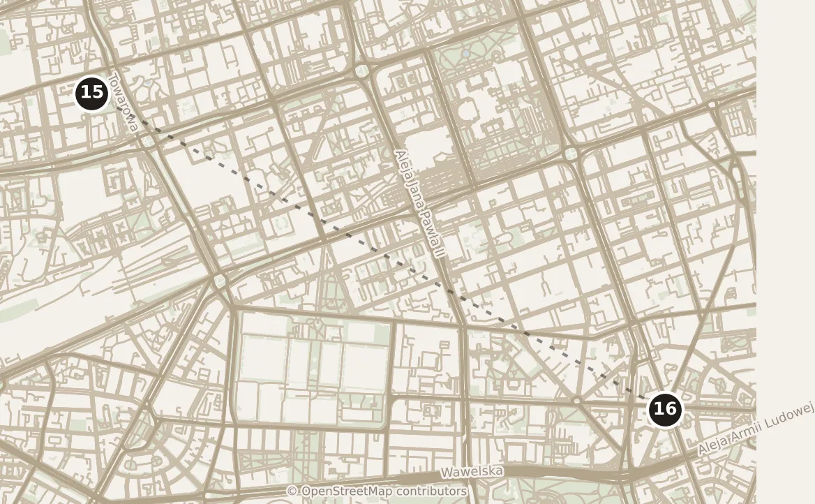 Map of Warsaw, evening: stop 16, numbered in walking order.