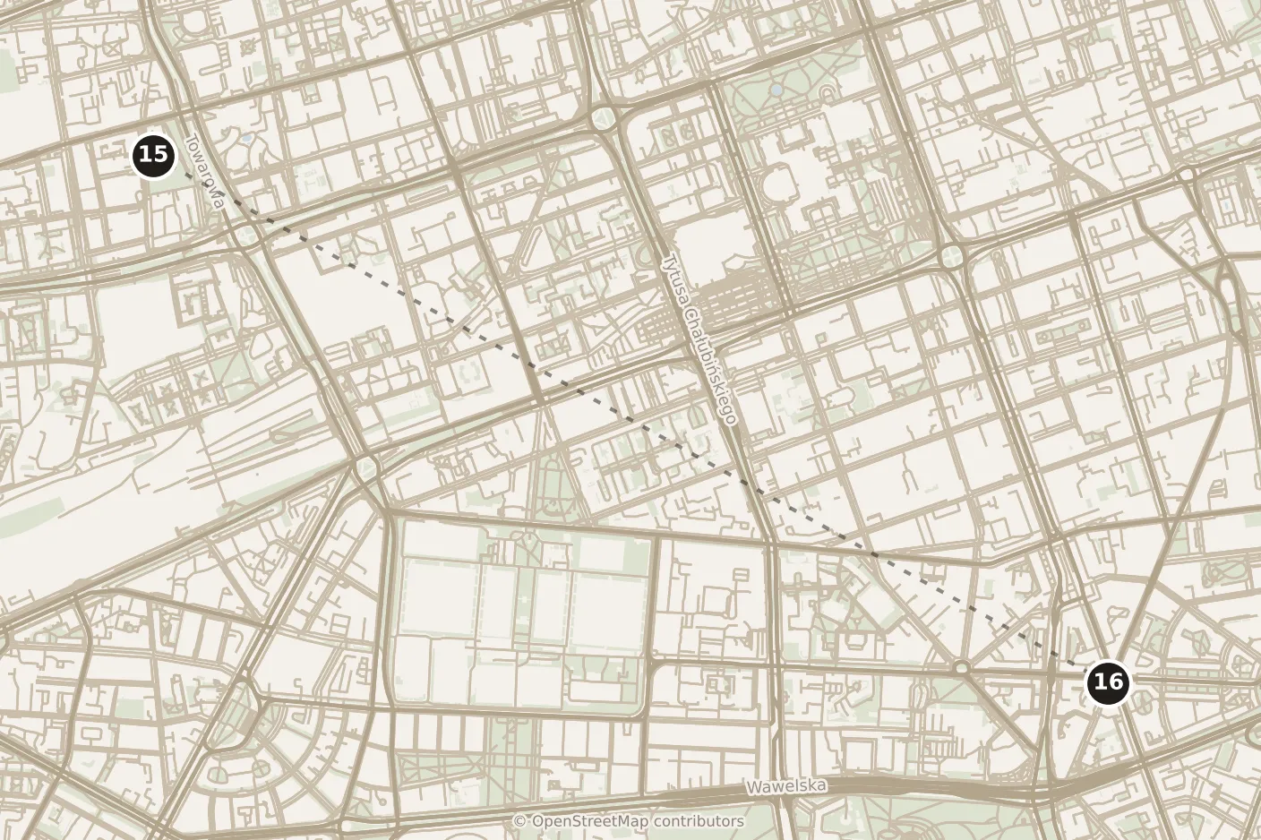 Map of Warsaw, evening: stop 16, numbered in walking order.