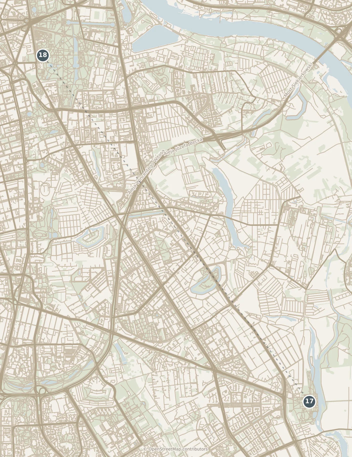 Map of Warsaw, with a third day · stop 17: stop 17, numbered in walking order.