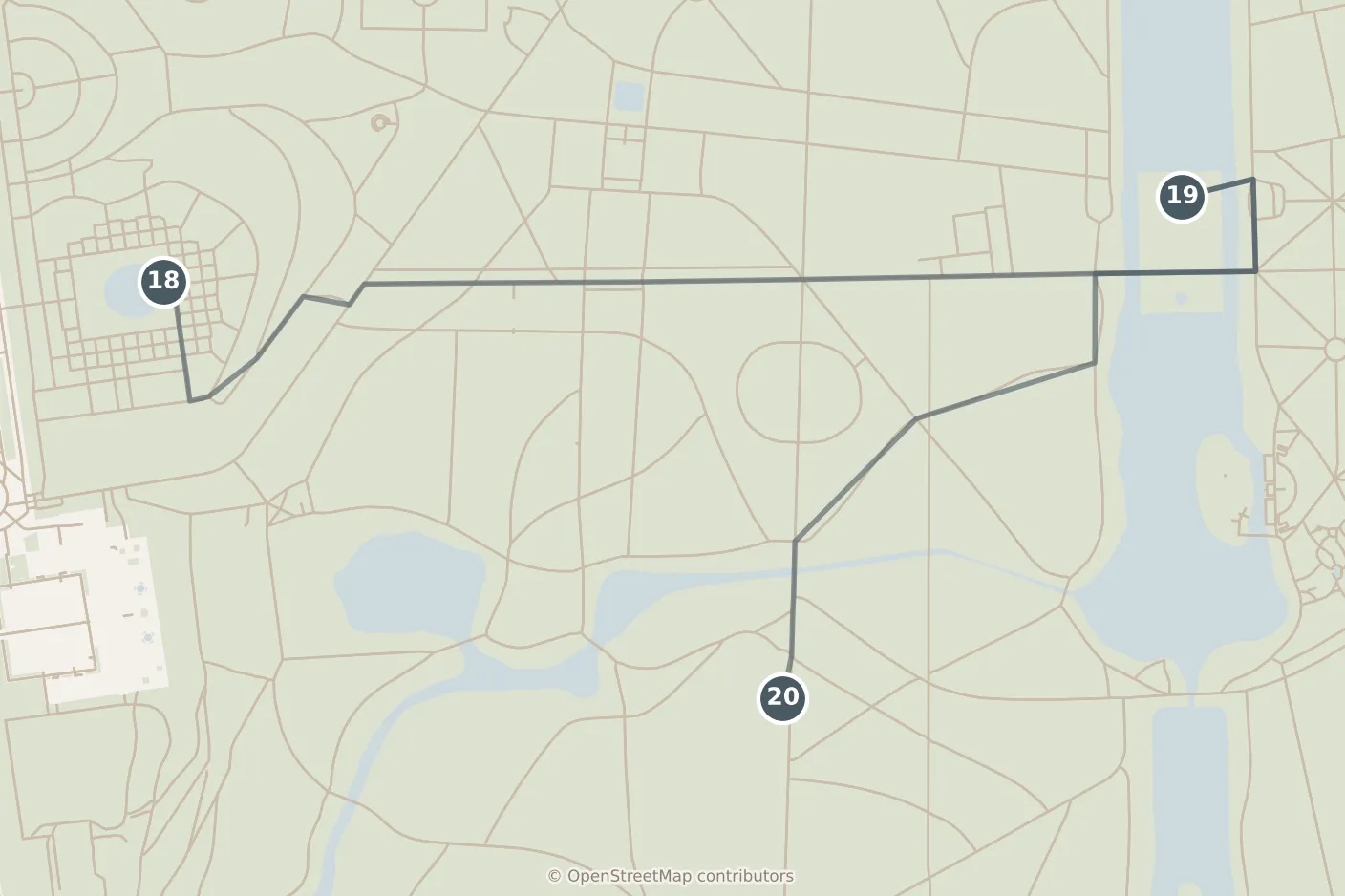 Map of Warsaw, with a third day · stops 18–20: stops 18–20, numbered in walking order.