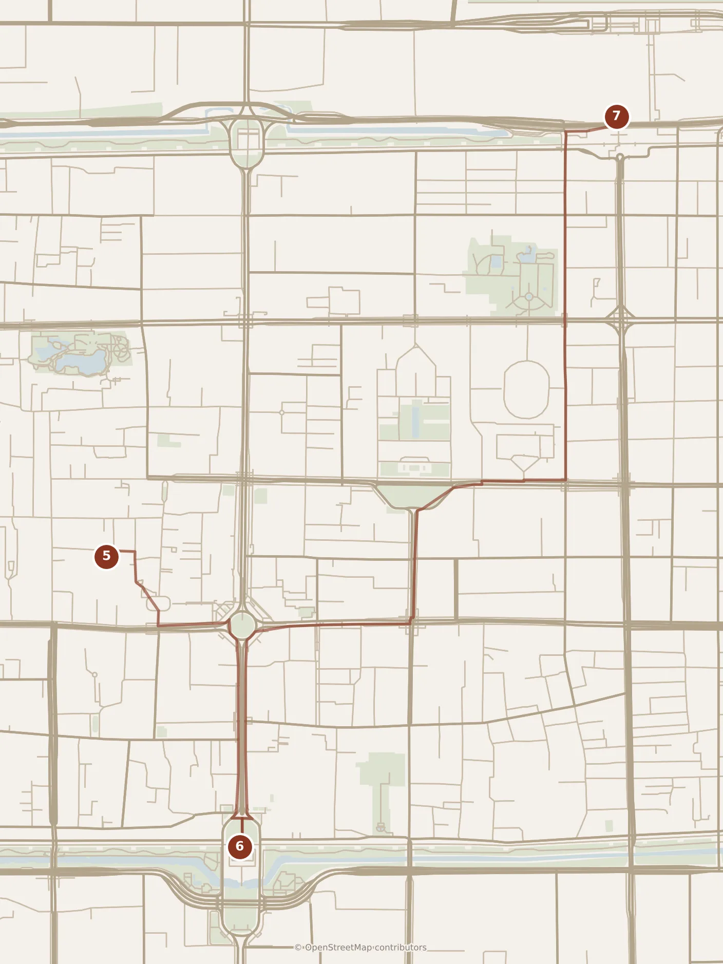 Map of Xi’an, evening: stops 5–7, numbered in walking order.