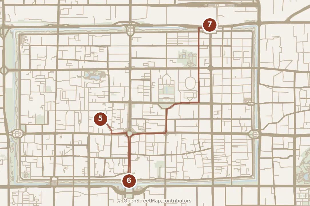 Map of Xi’an, evening: stops 5–7, numbered in walking order.