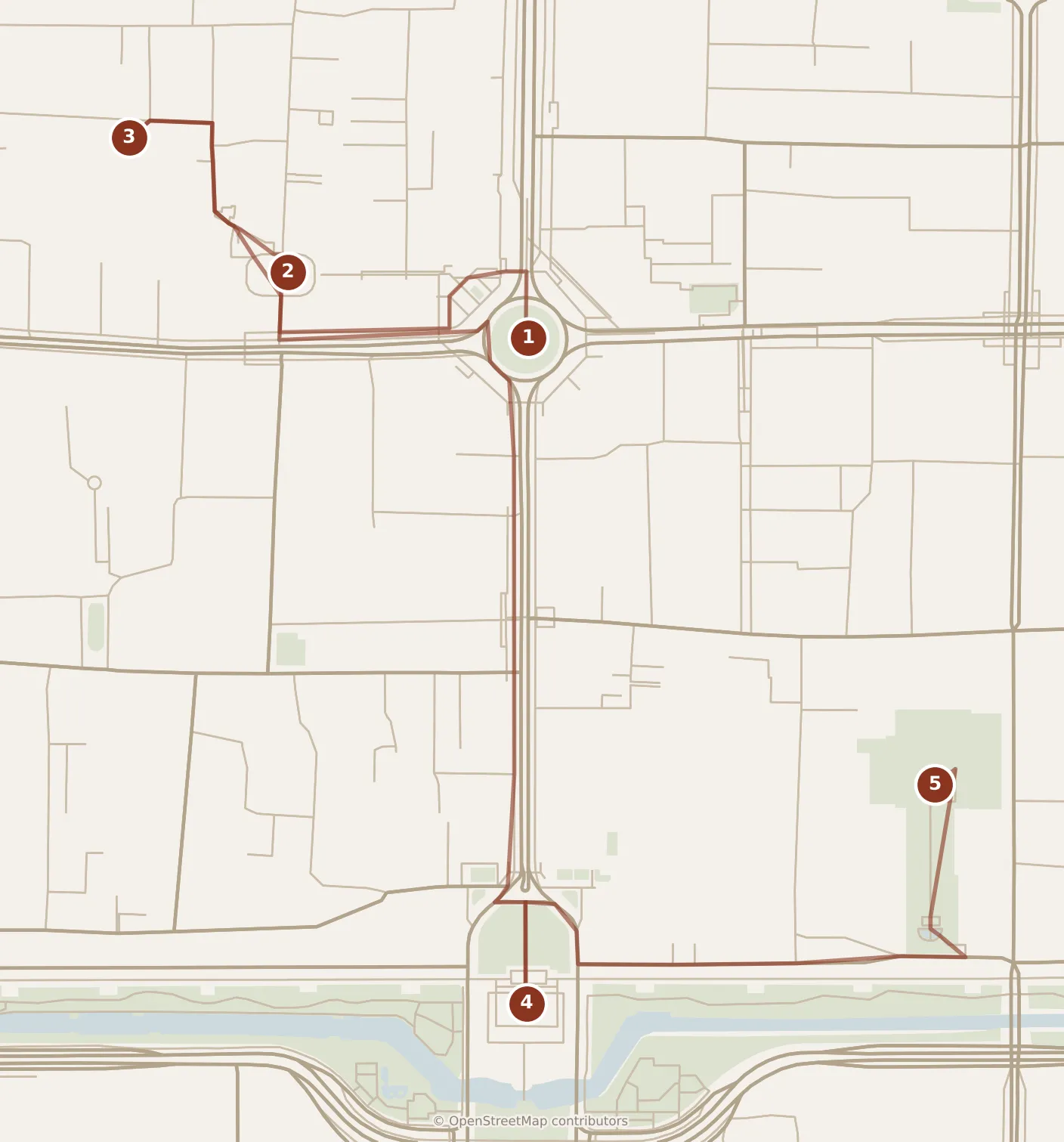 Map of Xi’an, day one: stops 1–5, numbered in walking order.