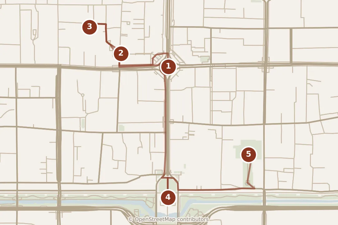 Map of Xi’an, day one: stops 1–5, numbered in walking order.