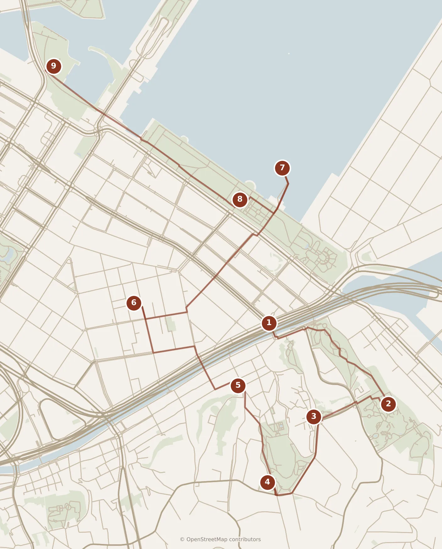 Map of Yokohama, morning and afternoon: stops 1–9, numbered in walking order.