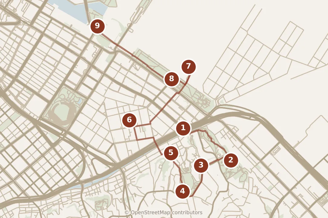Map of Yokohama, morning and afternoon: stops 1–9, numbered in walking order.