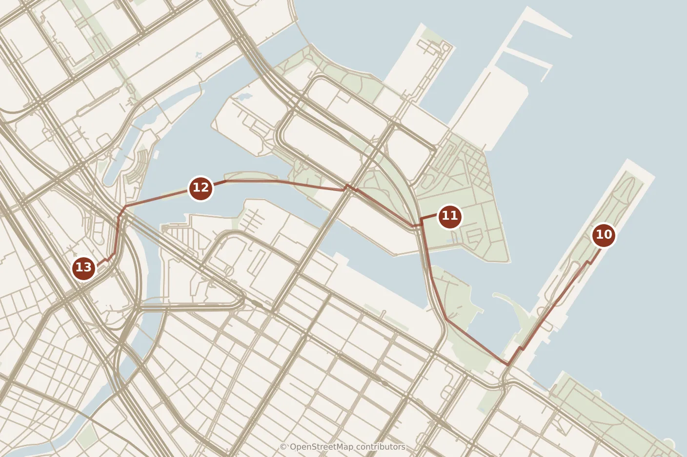 Map of Yokohama, evening: stops 10–13, numbered in walking order.