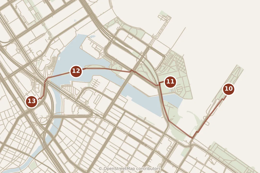 Map of Yokohama, evening: stops 10–13, numbered in walking order.