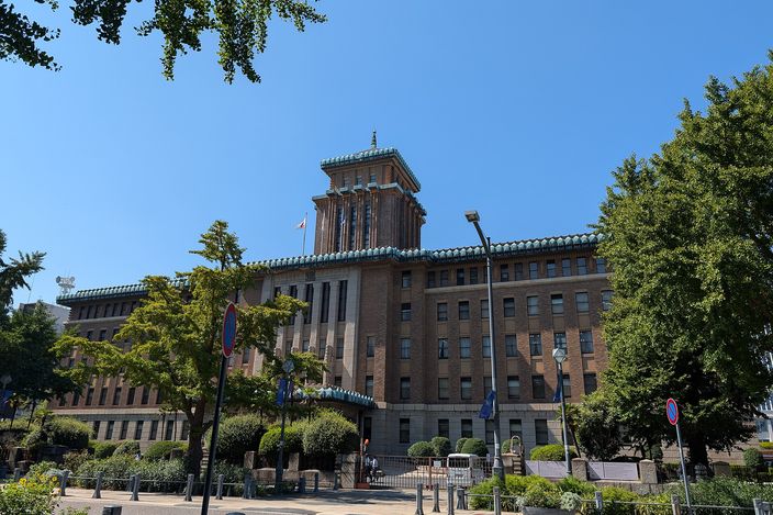 A long 1920s stone-and-brick public building with a squat tiered tower rising from its centre, seen across a wide street from under trees on a cloudless summer day, with flagpoles and low hedges along its front.