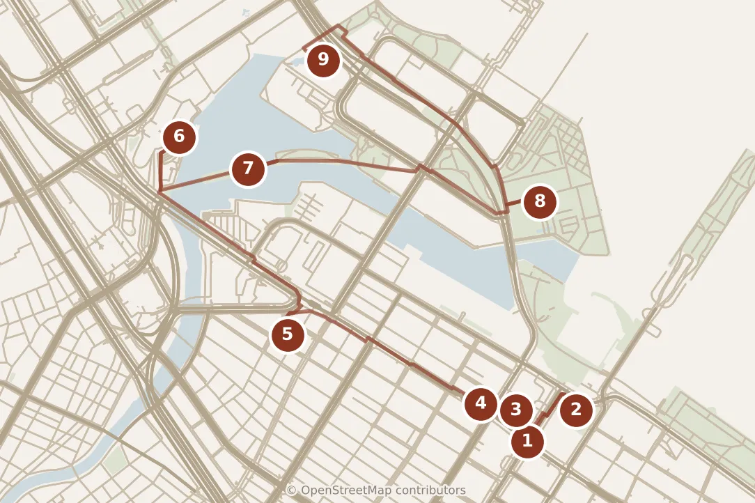 Map of Yokohama, day one: stops 1–9, numbered in walking order.