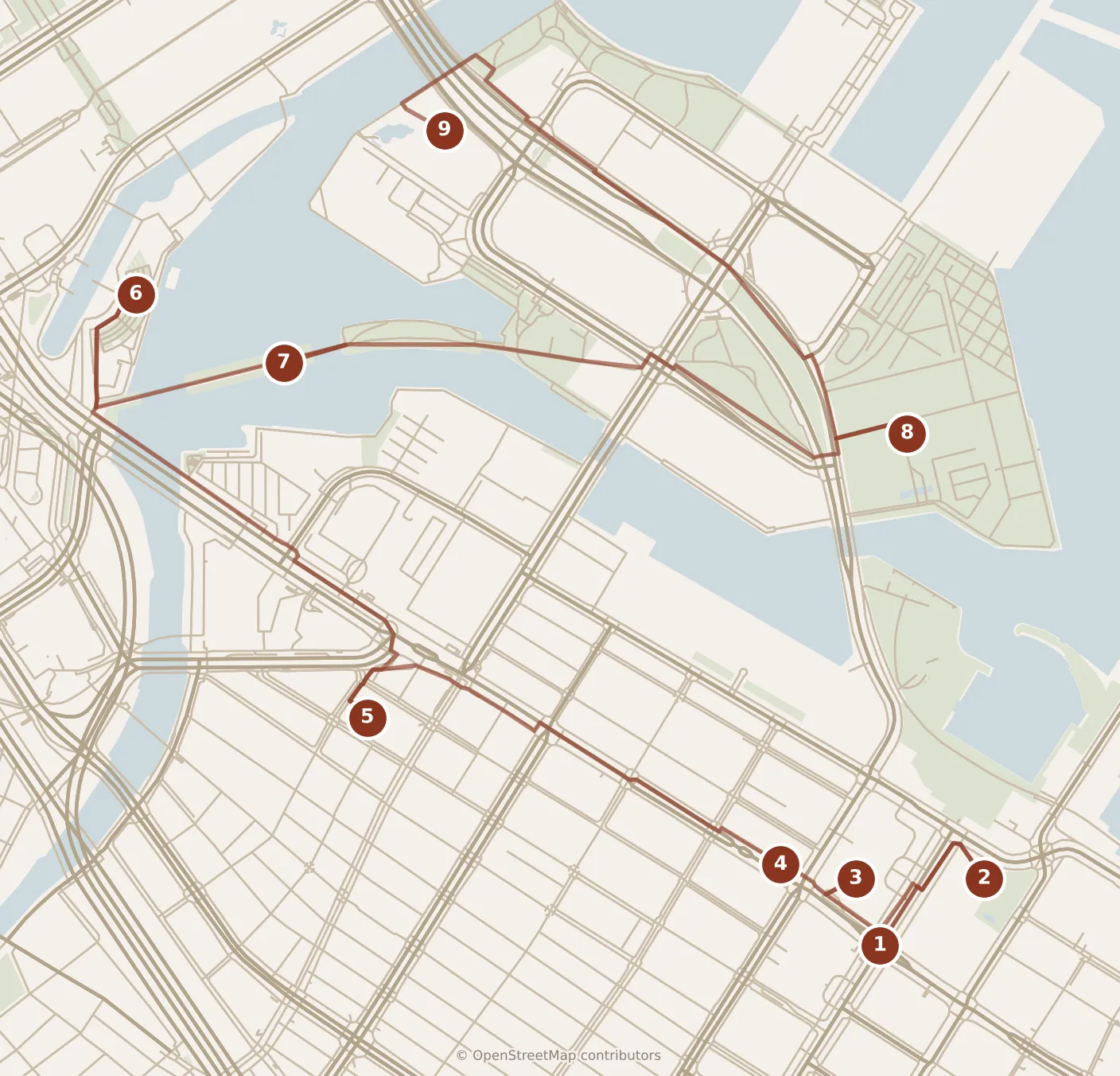 Map of Yokohama, day one: stops 1–9, numbered in walking order.