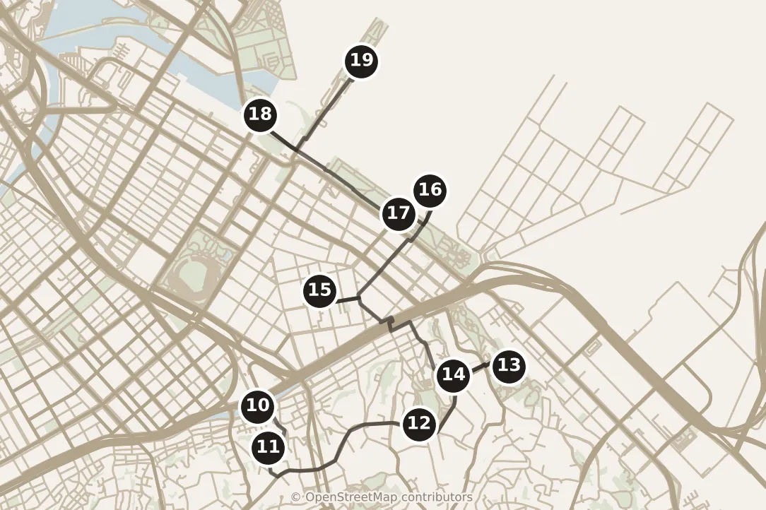 Map of Yokohama, day two: stops 10–19, numbered in walking order.