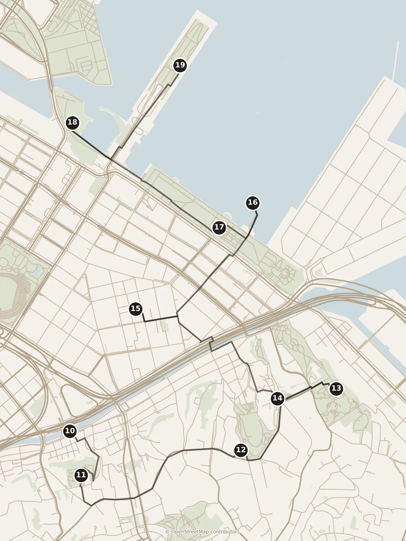 Map of Yokohama, day two: stops 10–19, numbered in walking order.