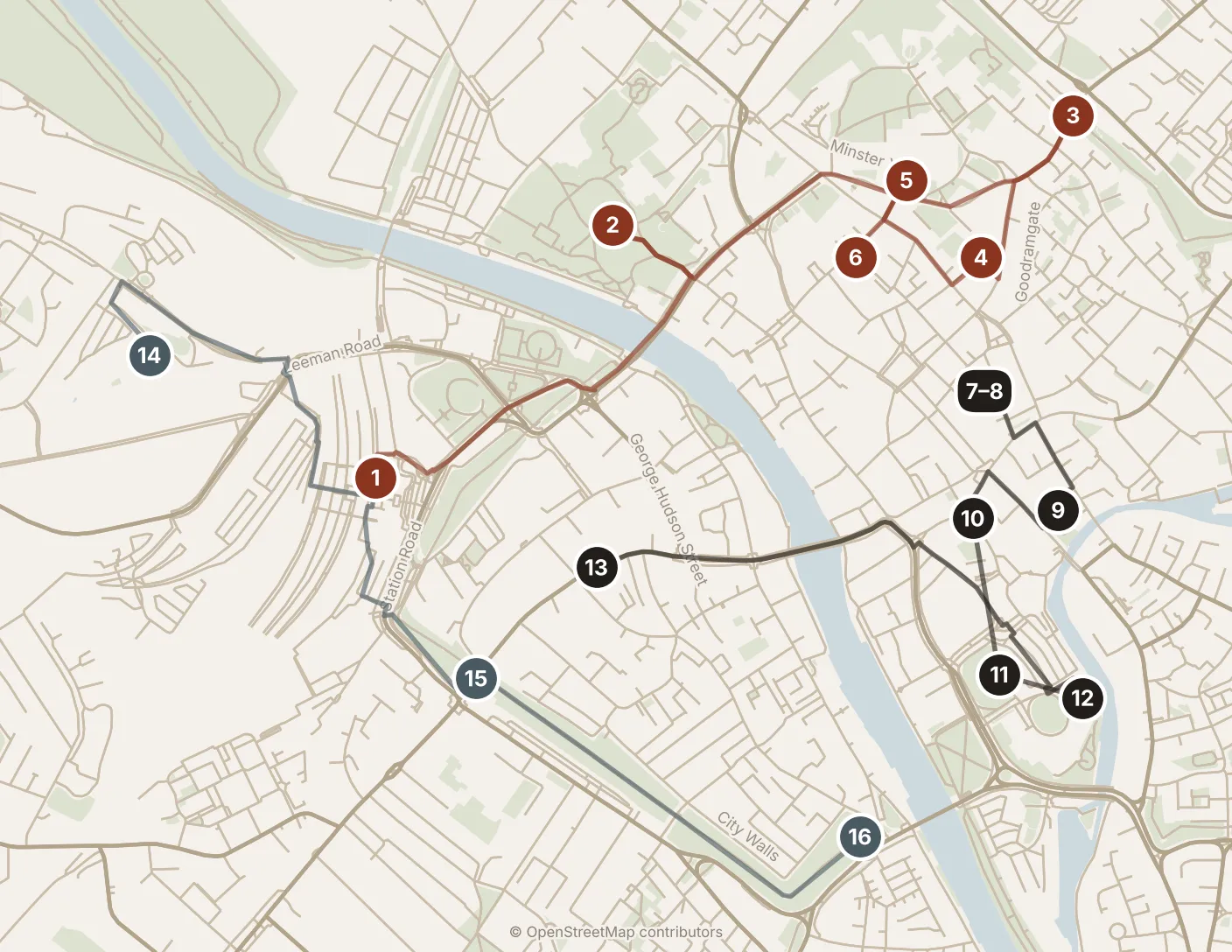 Map of York, day one and day two and with a third day: stops 1–16, numbered in walking order.