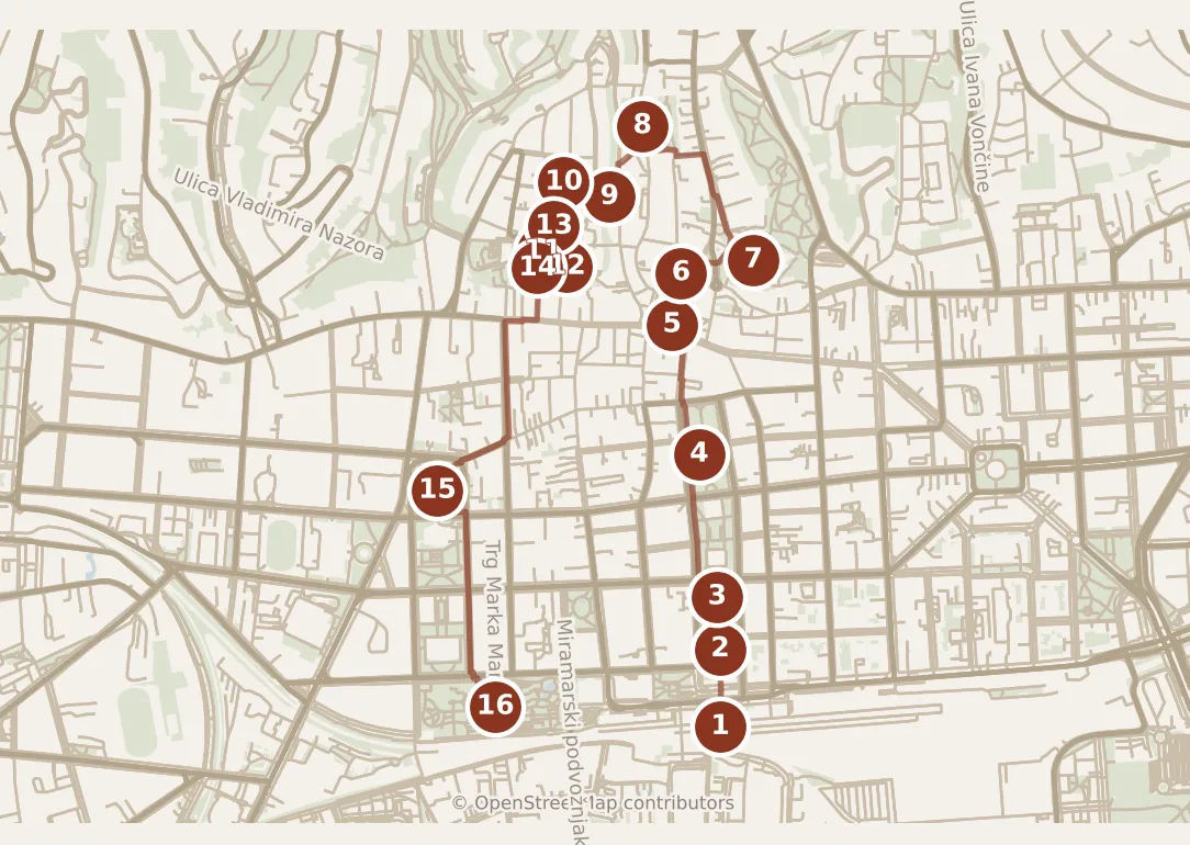 Map of Zagreb, the day: stops 1–16, numbered in walking order.