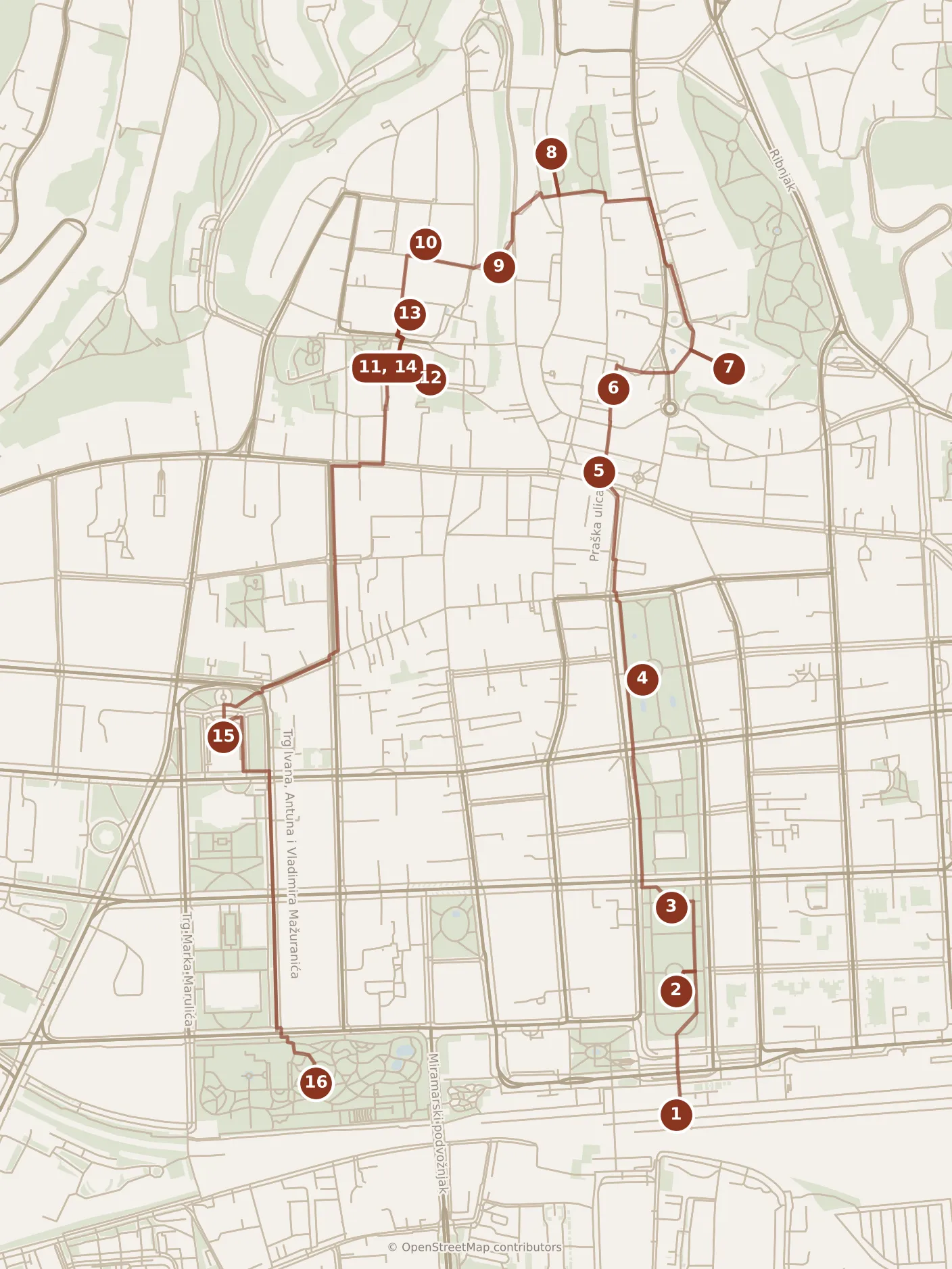 Map of Zagreb, the day: stops 1–16, numbered in walking order.