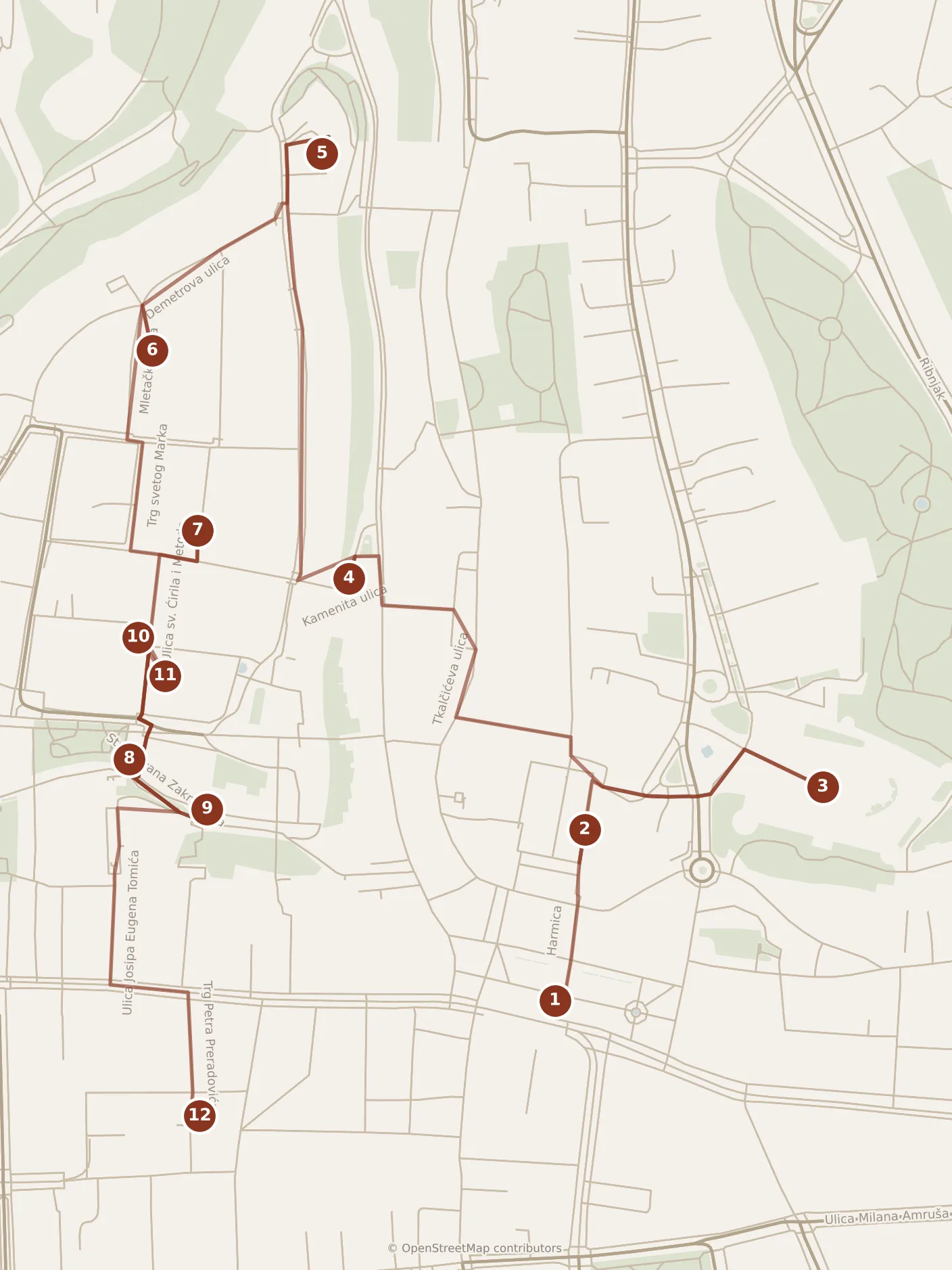 Map of Zagreb, day one: stops 1–12, numbered in walking order.
