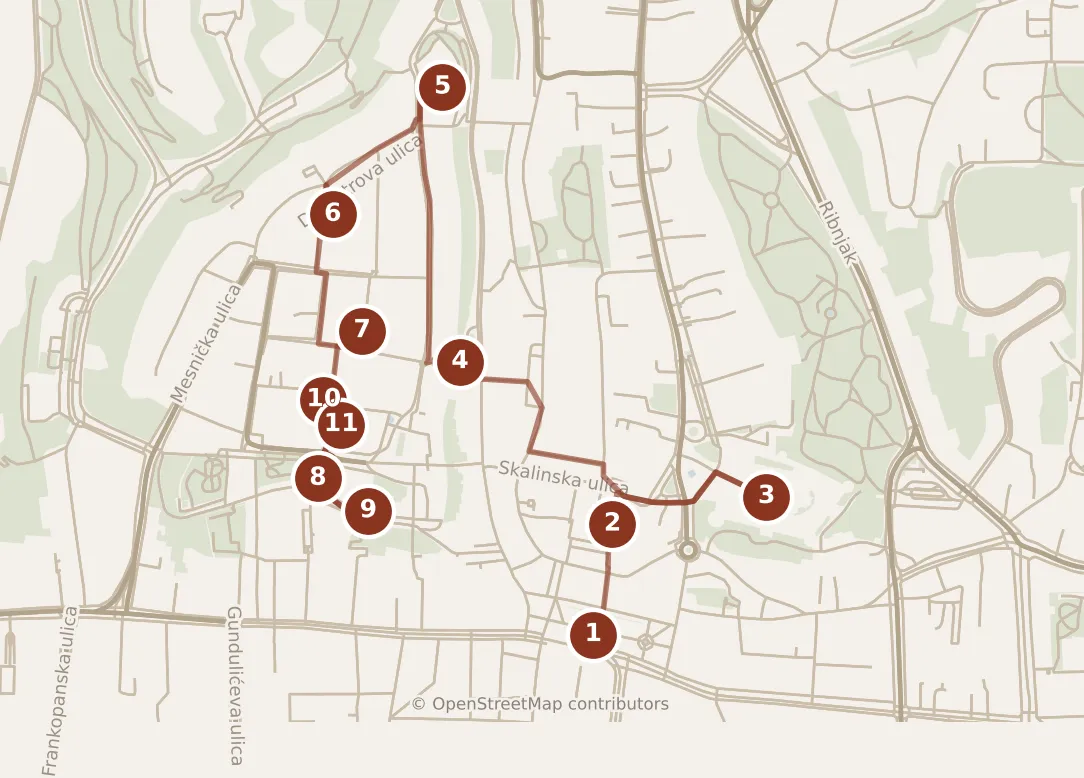 Map of Zagreb, morning and afternoon: stops 1–11, numbered in walking order.