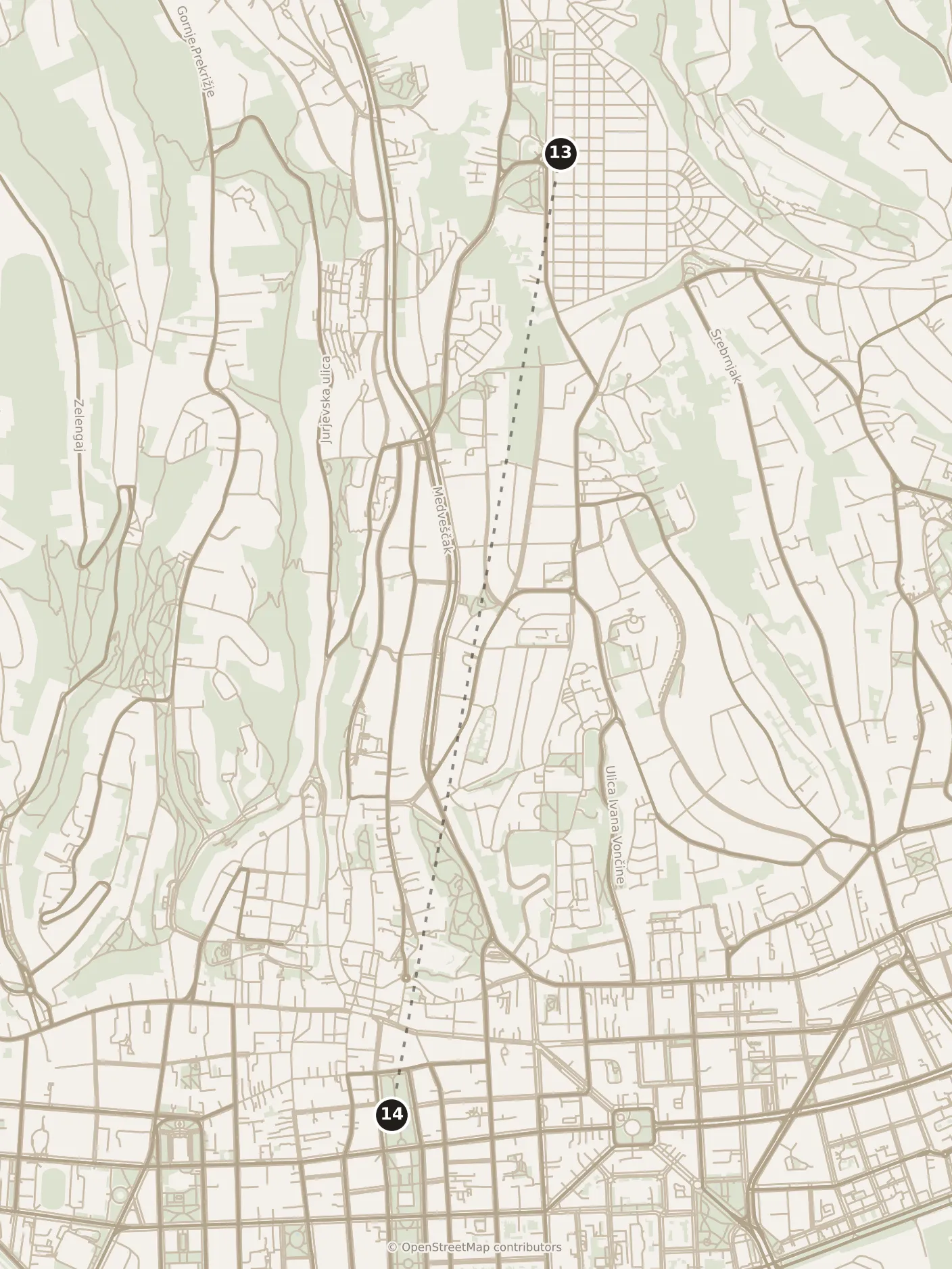 Map of Zagreb, morning: stop 13, numbered in walking order.