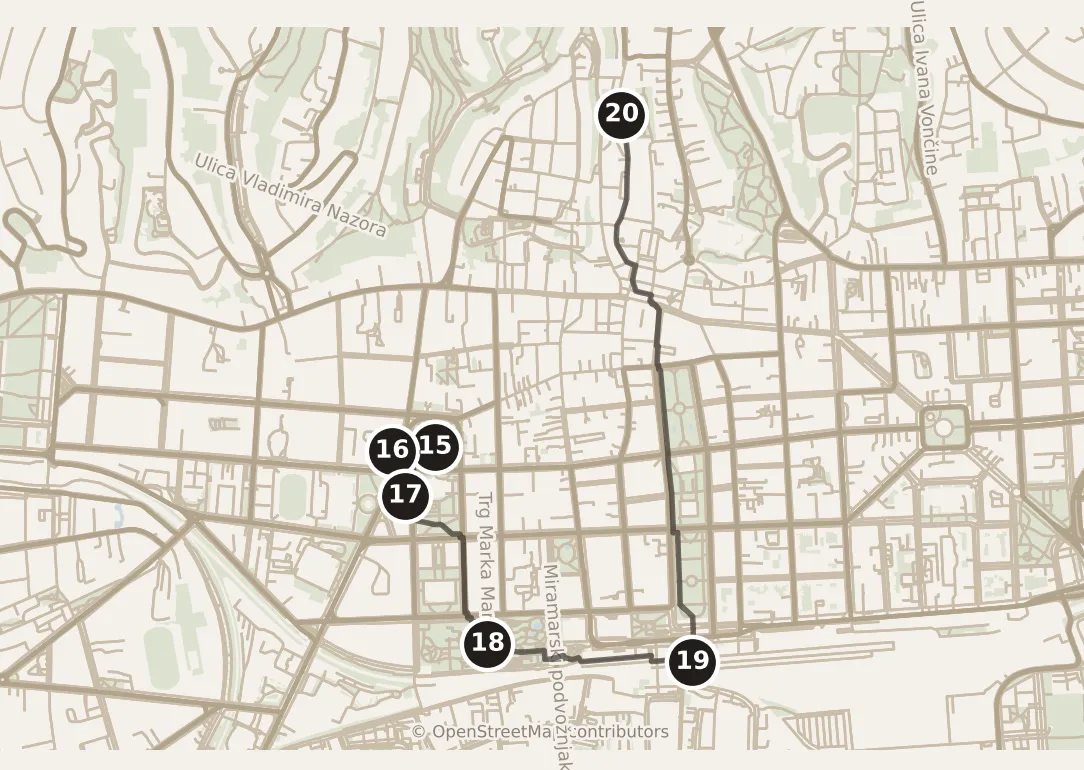 Map of Zagreb, afternoon and evening: stops 15–20, numbered in walking order.