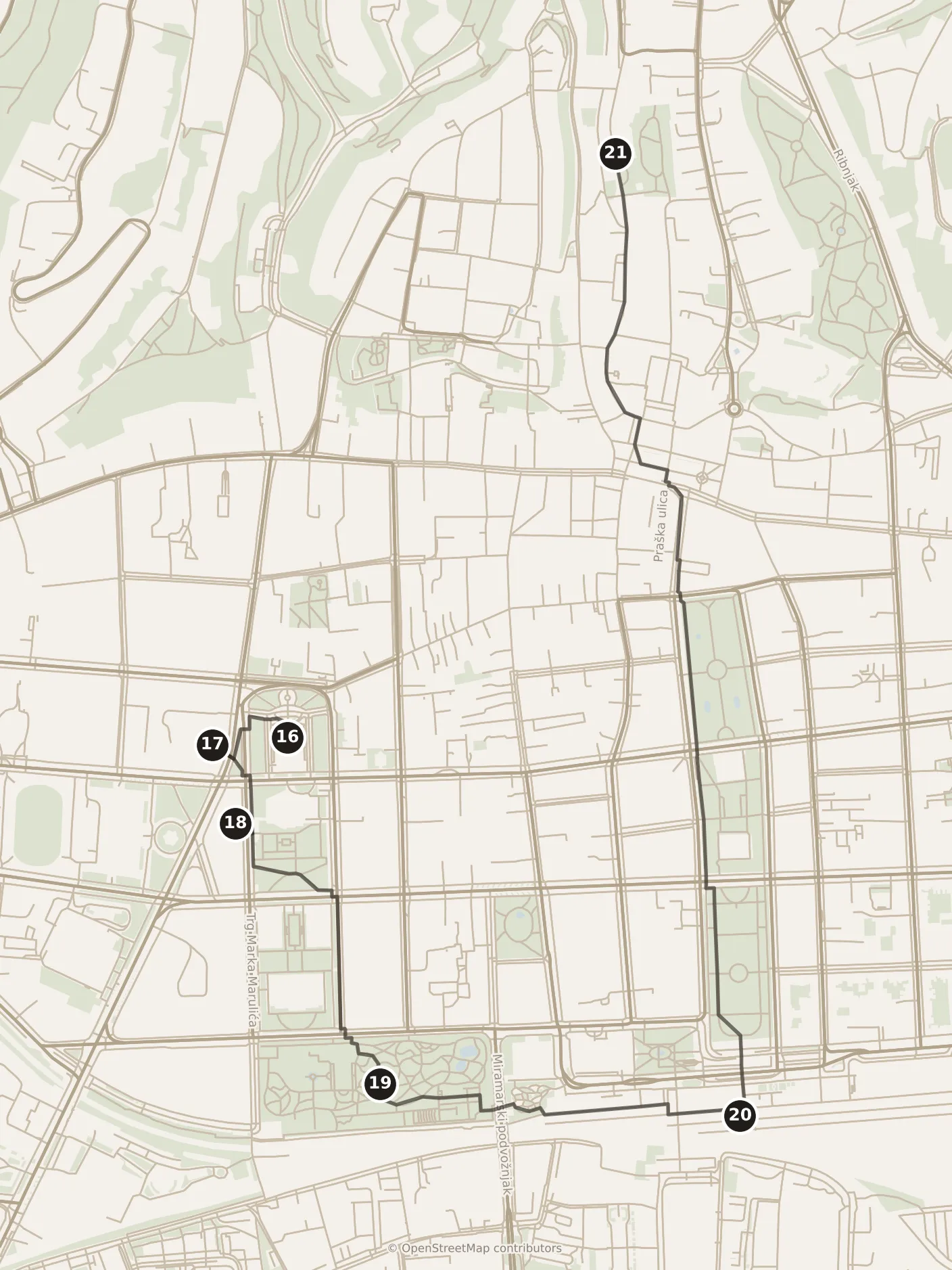 Map of Zagreb, afternoon and evening: stops 16–21, numbered in walking order.