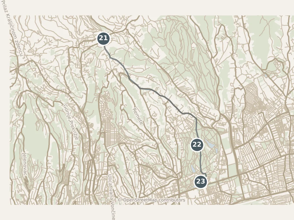 Map of Zagreb, with a third day: stops 21–23, numbered in walking order.