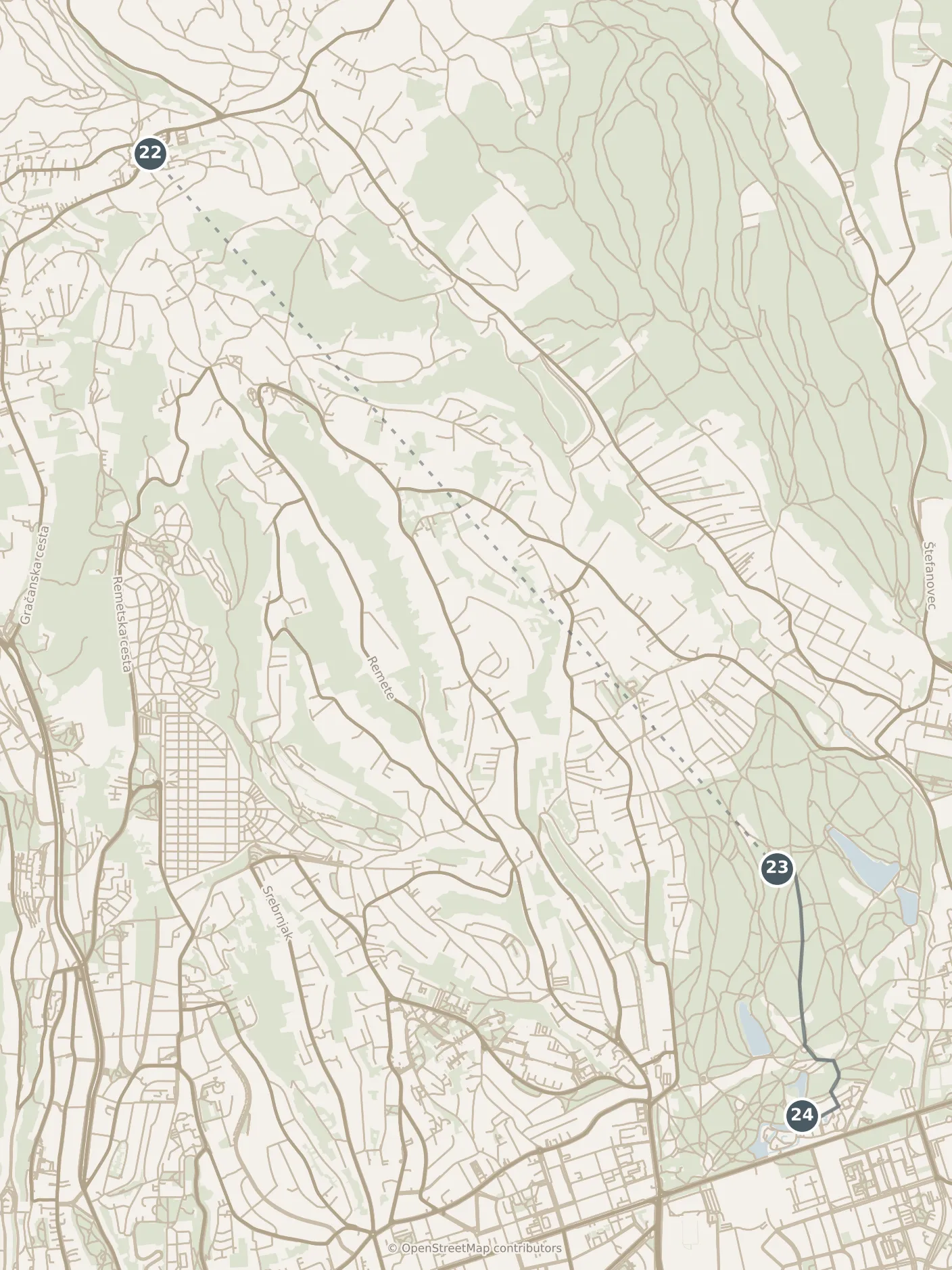 Map of Zagreb, with a third day: stops 22–24, numbered in walking order.